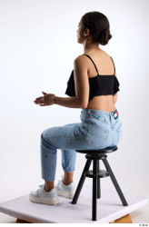 Whole Body Woman Casual Jeans Slim Sitting Top Studio photo references